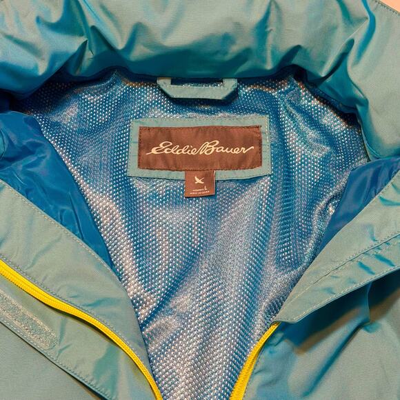 Y2K Eddie Bauer WeatherEdge Aqua Blue Hooded Windbreaker Rain Jacket Women Large - Picture 4 of 12